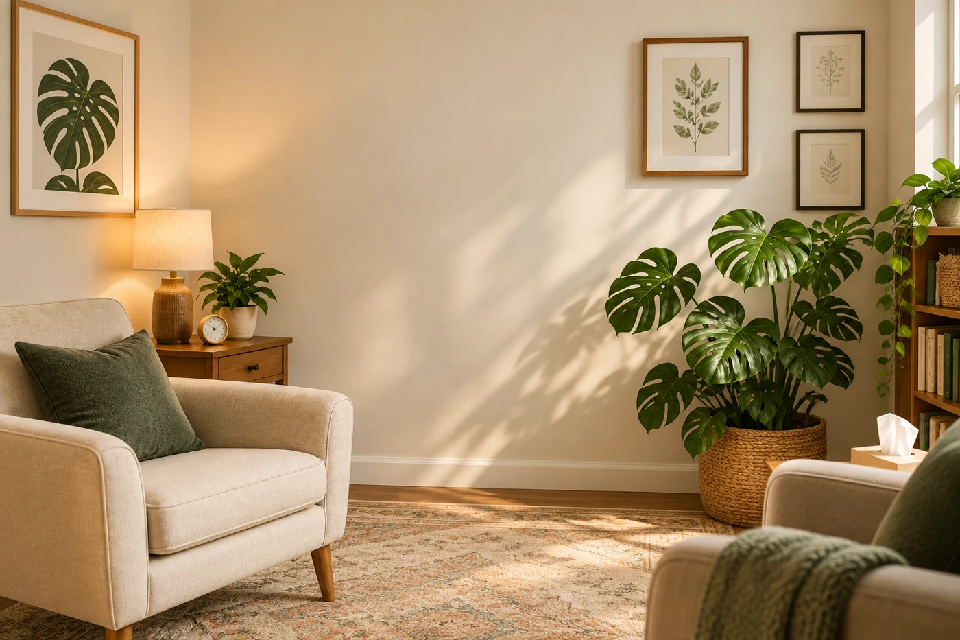 Consultório acolhedor com poltronas claras, plantas e luz natural