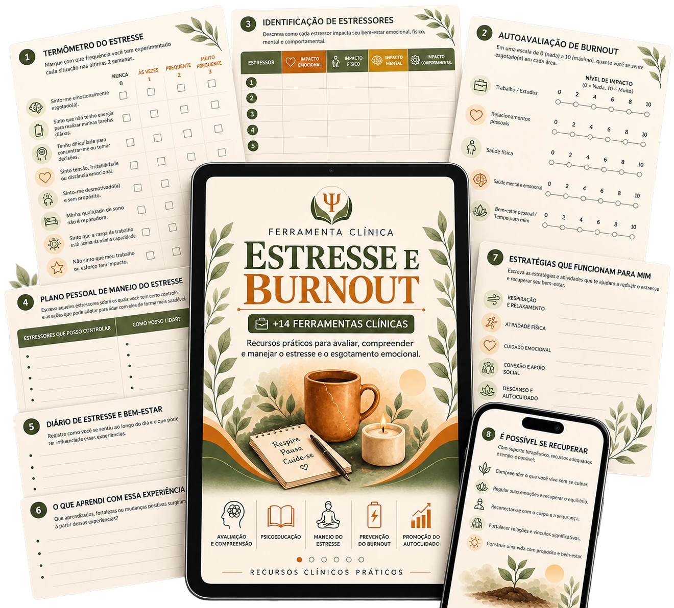 Materiais de Estresse e burnout — +14 ferramentas clínicas